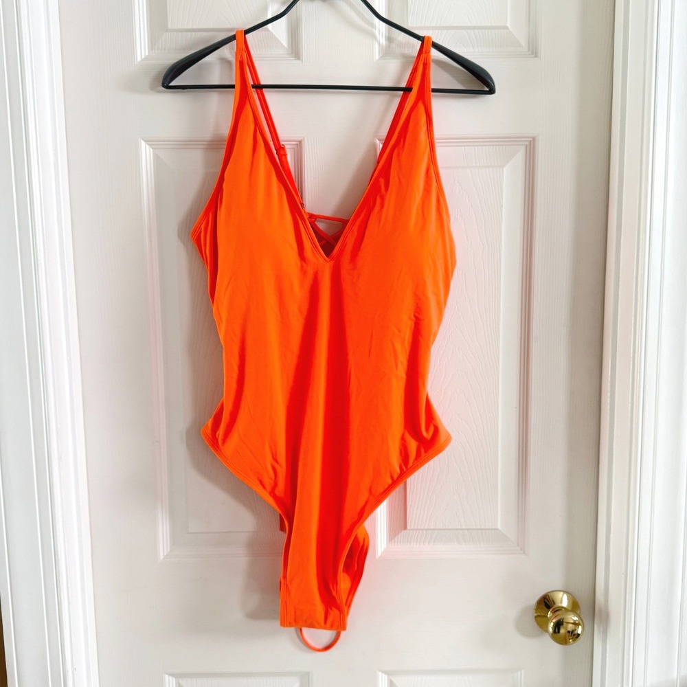 TA3 Hi Cut Plungey One Piece Swimsuit Orange Lace Up Back 3X Regular Long